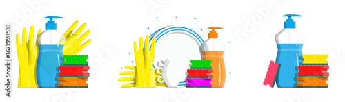Set of cleaning supplies with detergent, gloves, and sponges. Home sanitation and hygiene concept. Flat style stock vector illustration.