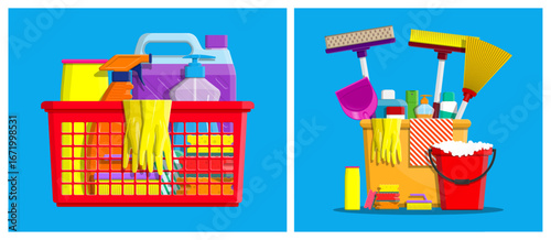 Flat style vector cleaning supply set collection illustration. Household chemical products, brushes, spray bottles, sponges for cleaning.