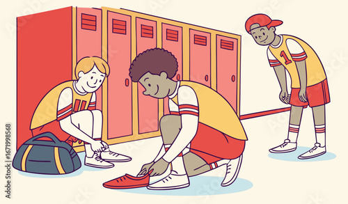 Mini Football or soccer team changing in locker room. Cheerful young men getting ready for training. Vector illustration for gym, fitness club, school or college sport team concept