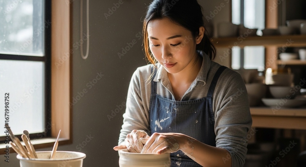 Fototapeta premium 陶芸に真剣な表情で取り組む日本人女性