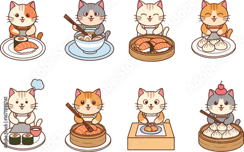 Cute cartoon cats eating sushi, ramen, and dumplings, Japanese and Asian food, kawaii cat chef illustration, food lover art