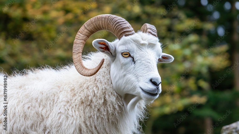 Naklejka premium Close - up of White Goat With Long Horns, Livestock Breeding & Wildlife Material