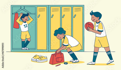 Mini Football or soccer team changing in locker room. Cheerful young men getting ready for training. Vector illustration for gym, fitness club, school or college sport team concept