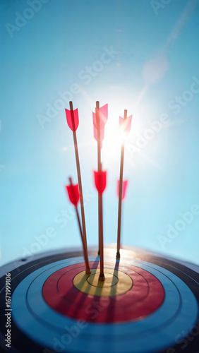 Arrows perfectly hit the center of target with clear sky backdrop, highlighting accuracy, precision and achievement. Evokes a feeling of determination and goal orientation.