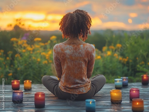 Serene Sunset Meditation: A tranquil scene of a woman practicing mindfulness outdoors, surrounded by vibrant glowing candles, embracing peace and nature's beauty at dusk.