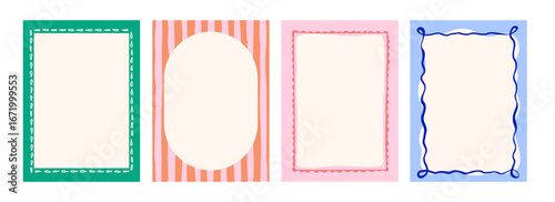 Hand drawn whimsical frames. Vintage borders. Cute decoration for invitation, poster, menu. Minimalist line art. Vector modern illustration.