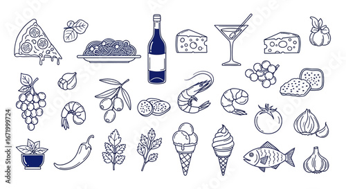 A collection of hand-drawn blue outline icons representing various Italian food and drink items, including pizza, pasta, wine, cheese, seafood, and vegetables.