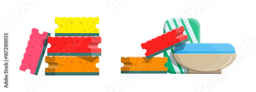 Set of colorful kitchen sponges for washing dishes. Cleaning tool for house and home care. Flat style vector illustration.