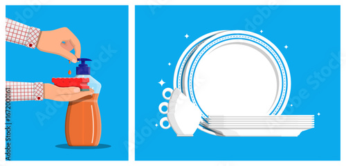 Man hands with sponge and dishwashing liquid. Stack of clean shiny plates and cups. Household chore concept. Home cleaning.