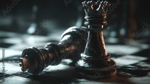 Chess King Victory: Captivating shot showcasing a chess king triumphantly standing over its defeated counterpart on a checkered battlefield, highlighting strategy and intellect