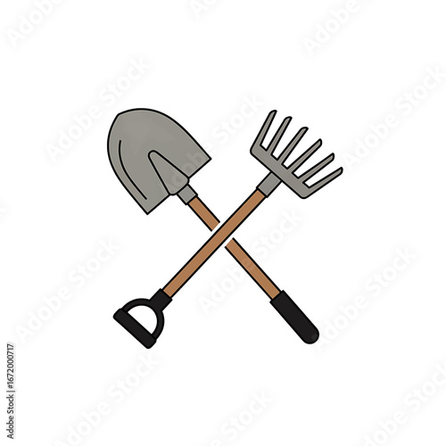 Illustration of a shovel and rake crossed, representing gardening and farming tools.