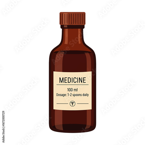 Brown medicine bottle with label indicating dosage and volume.
