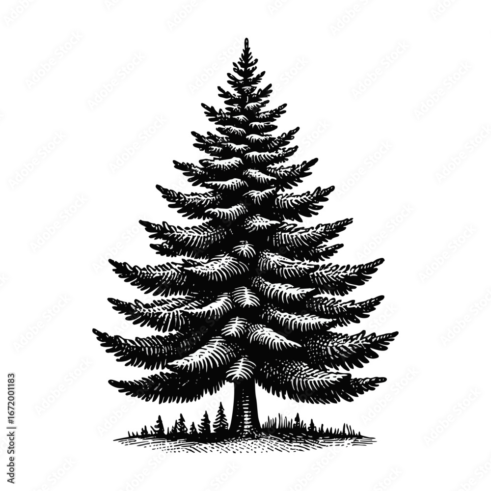 Obraz premium Black and White Pine Tree Engraving, Hand-Drawn Evergreen Forest Graphic in Vintage Woodcut Style