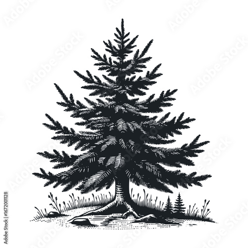 Hand-Drawn Spruce Tree Woodcut Illustration. Detailed evergreen fir tree with forest undergrowth, vintage graphic art on white background.