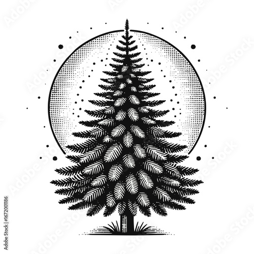 Black and White Pine Tree Illustration with Halftone Circle Background in Vintage Woodcut Style