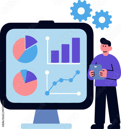 An individual examines a vibrant dashboard on a large monitor, featuring pie charts, bar graphs, and line charts. The focus is on data analysis, digital business solutions, and effective information