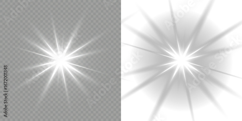 Vector transparent sunlight with sun glare. Golden flash and glare. White glowing light explodes on a transparent background. Abstract white light effect. Bright Star. Light sparkle bling effect. PNG.