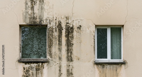 Exterior wall with two windows showing signs of water damage and weathering on the building facade