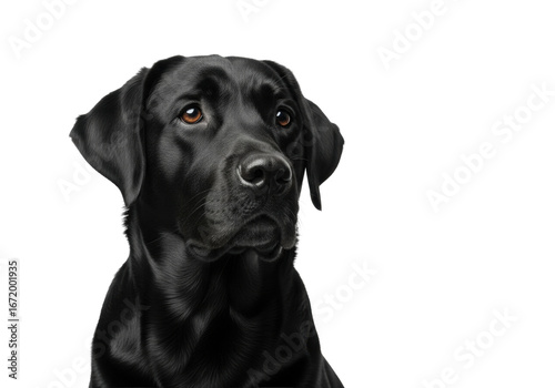 A distinguished adult black labrador retriever with a glossy black coat, sitting attentively with a subtle head tilt, eyes focused off-center on a transparent background. Concept of loyalty and