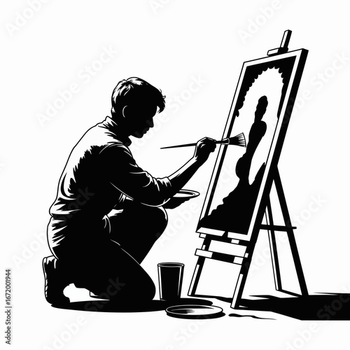 Artist Painting Silhouette on Canvas in Black and White
