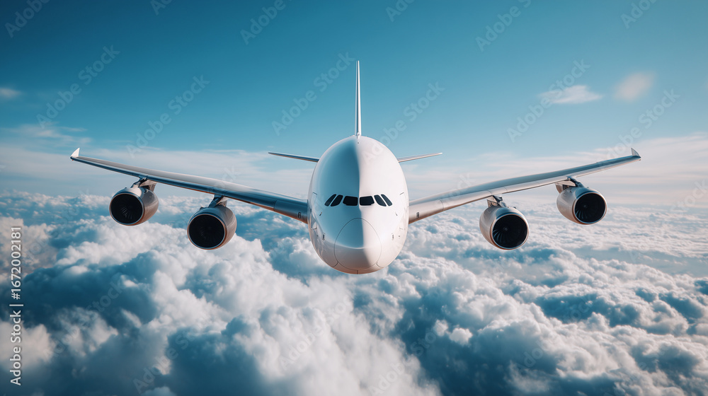 Fototapeta premium White commercial airplane flying above clouds in blue sky. Large aircraft with four engines soaring through atmospheric layers. Aviation transportation concept for travel and cargo delivery service.