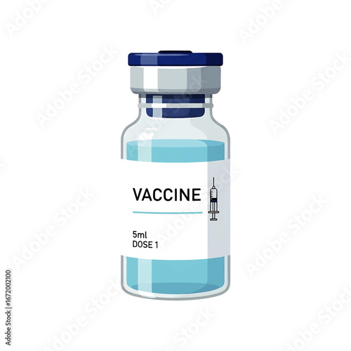 Illustration of a vaccine vial with blue liquid and a syringe on the label.