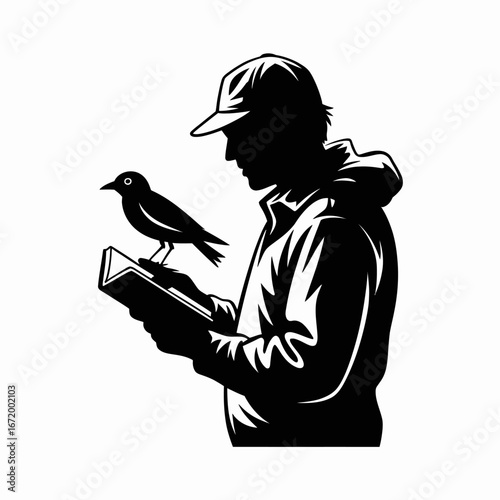 Birdwatcher Reading Book with Bird Illustration