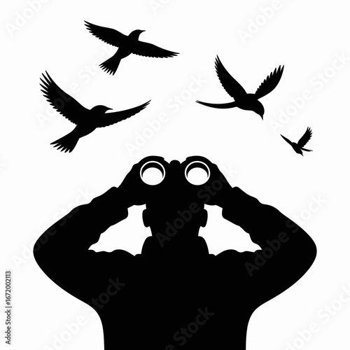 Birdwatcher Observing Birds with Binoculars Silhouette