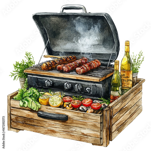 Summer Barbecue Picnic Setup, watercolor drawing vector, isolated on a white background.