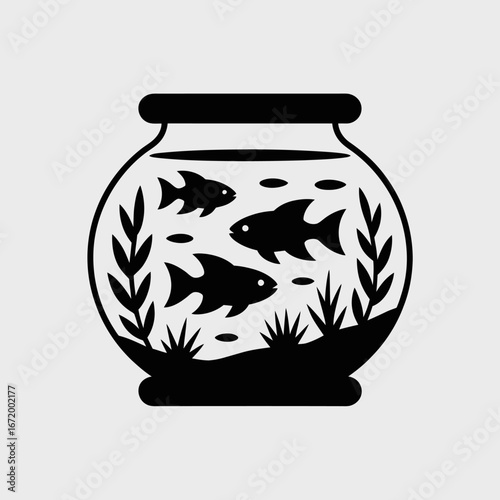 Black Silhouette of Fishbowl with Fish and Plants