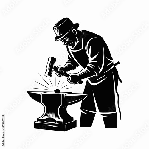 Blacksmith Hammering Metal on Anvil Illustration