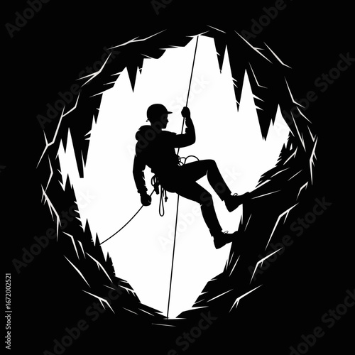 Cave Climber Silhouette in Vertical Ascent