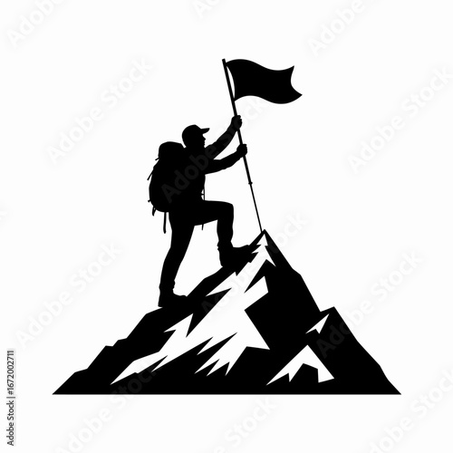 Climber Reaching Summit with Flag on Mountain Peak