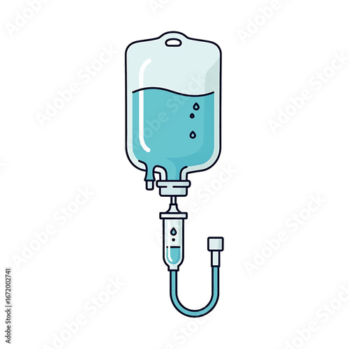 Illustration of an intravenous (IV) drip bag with clear blue liquid.