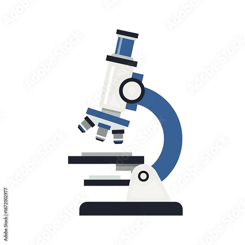 Illustration of a blue and white microscope used for scientific research.
