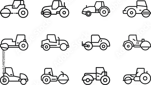 Collection of twelve black line art icons of road rollers on white steamroller compactor