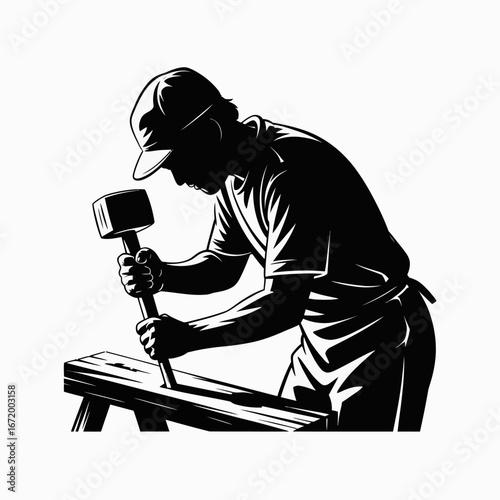 Craftsman Carving Wood with Mallet and Chisel