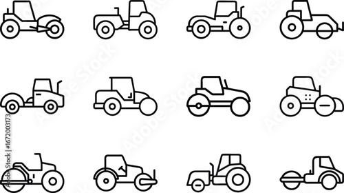 Collection of black line art icons of various compactors and road rollers steamroller