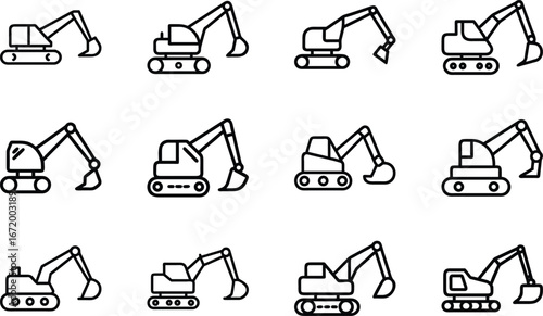 Collection of black line art excavator icons on white background digger construction 1