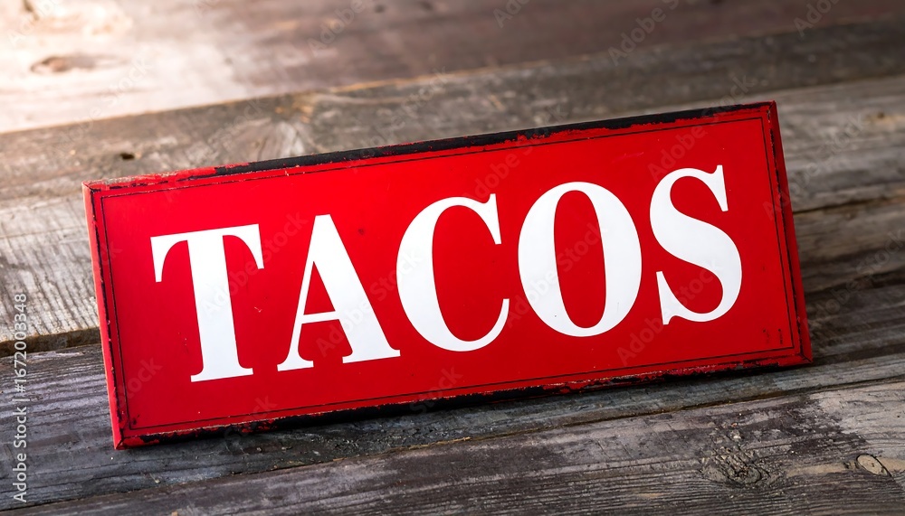 Fototapeta premium Red rectangular sign on wood reads 