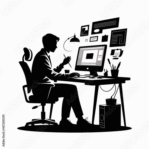 Creative workspace silhouette illustration, design process