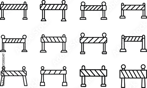 Twelve black and white line art icons of construction barriers on white traffic safety