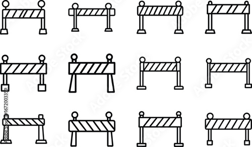 Twelve black and white line art icons of construction barriers safety traffic