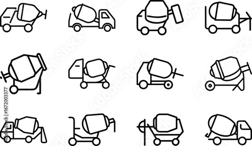 Collection of twelve black line art icons of cement mixers on white concrete truck