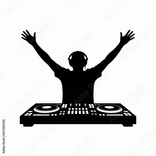 DJ Silhouette with Turntables and Raised Arms