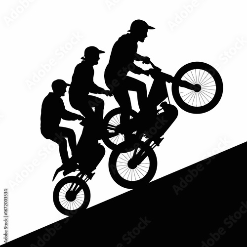 Dynamic BMX Riders Climbing Hill Silhouette