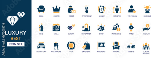 Luxury icon set collection. Asset, mosque, money, minister, vip person, investment, red carpet, gold, villa, watch, expensive and best solid icon set.