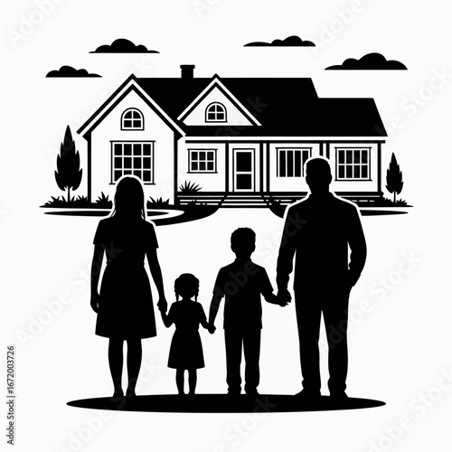 Family Silhouette in Front of House Illustration