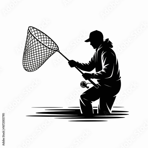 Fisherman with Net Silhouette in Water Illustration
