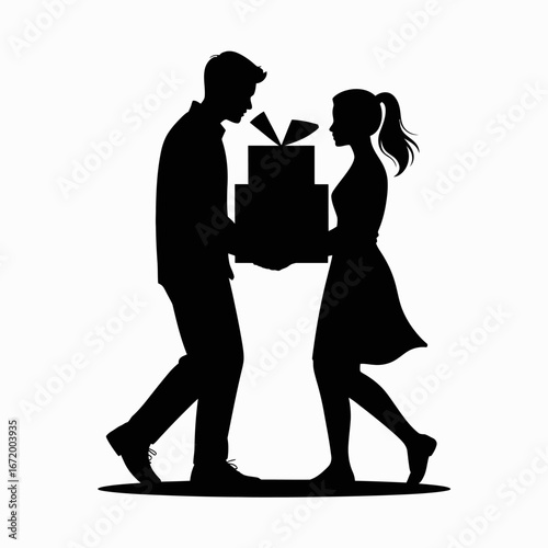 Gift Exchange Silhouette of Couple Sharing Joy